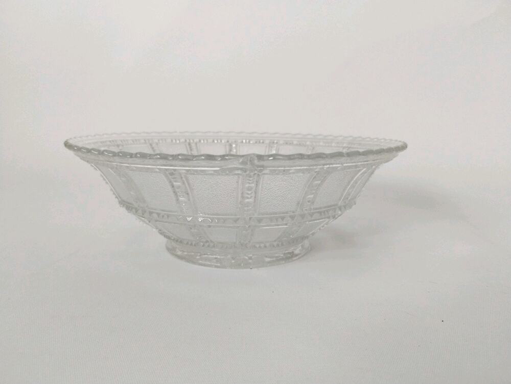 Vintage Pressed Glass Beaded Block Pattern Clear Glass 7-1/4” Footed Bowl